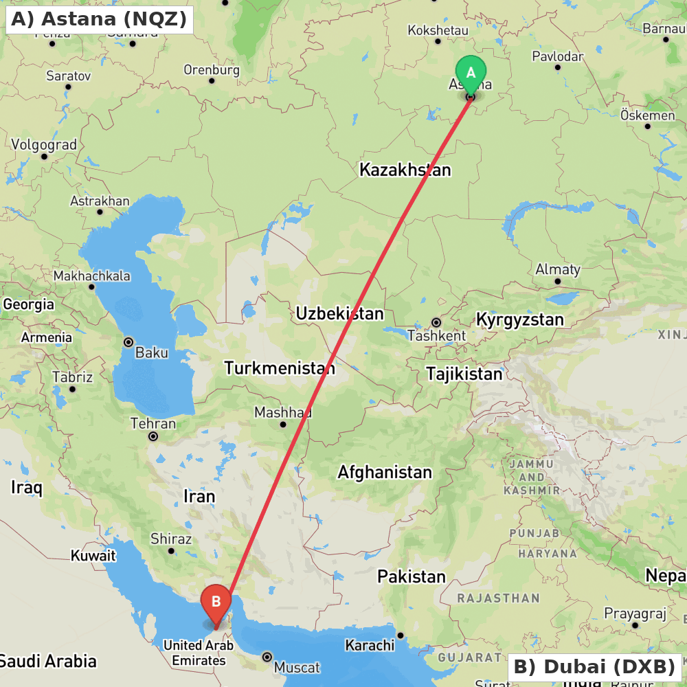 Flight route map from Astana to Dubai