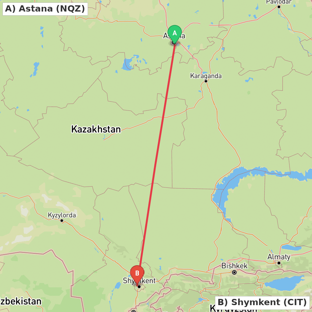 Flight route map from Astana to Shymkent