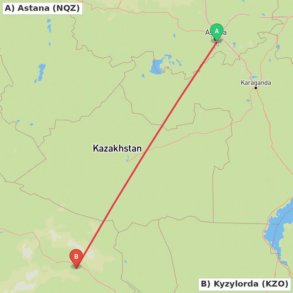 Flight route map from Astana to Kyzylorda