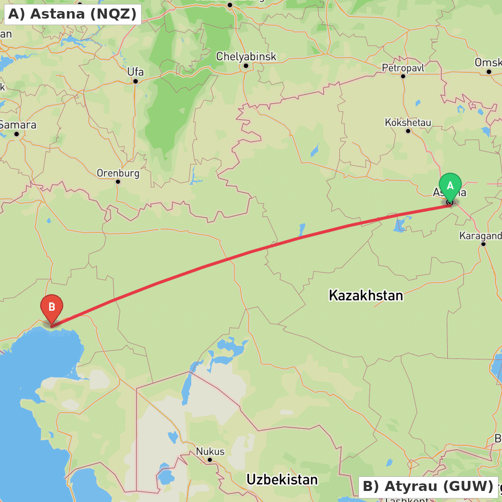 Flight route map from Astana to Atyrau