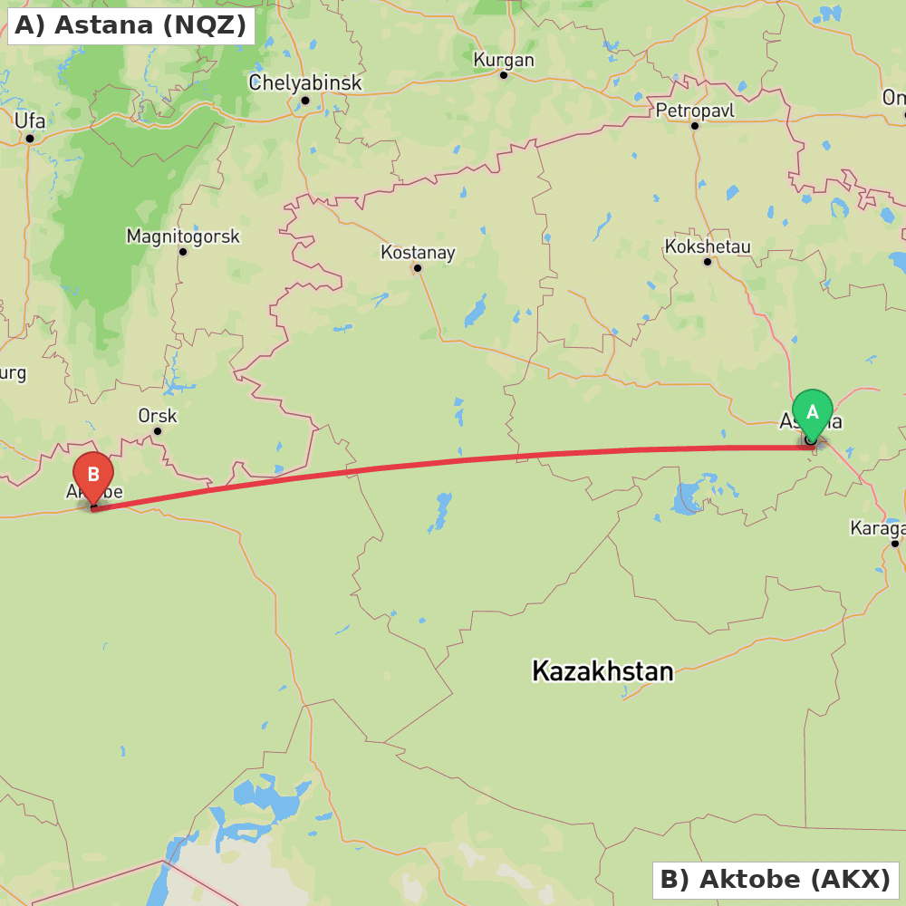 Flight route map from Astana to Aktobe