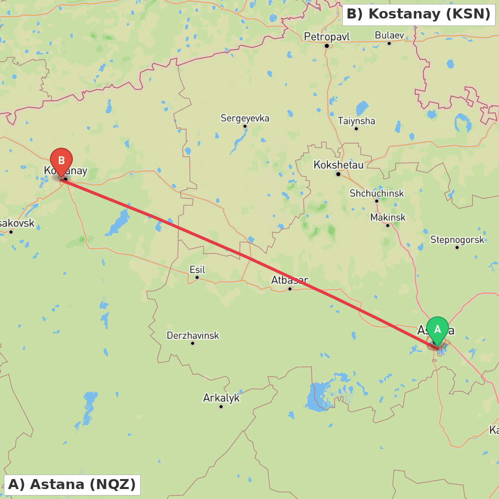Flight route map from Astana to Kostanay