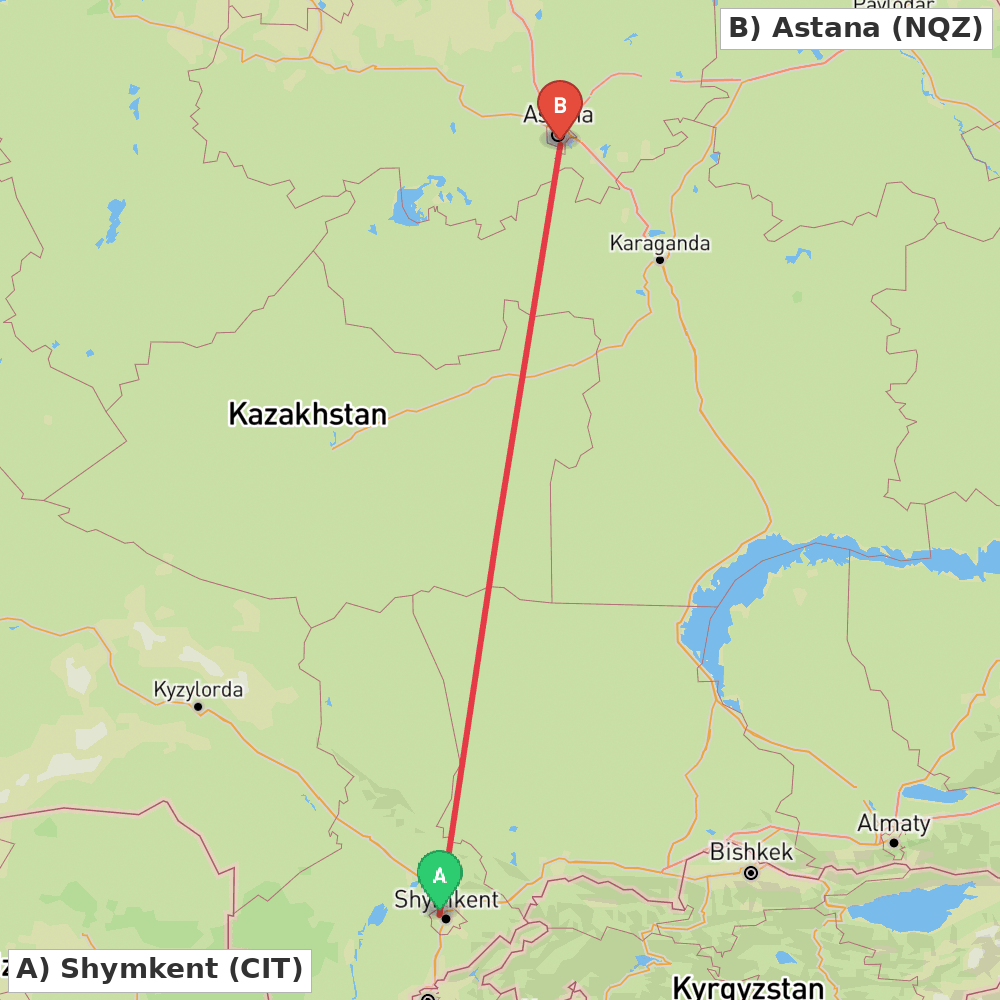 Flight route map from Shymkent to Astana