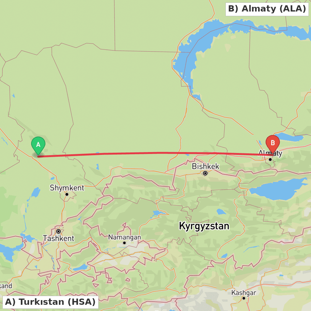 Flight route map from Turkıstan to Almaty