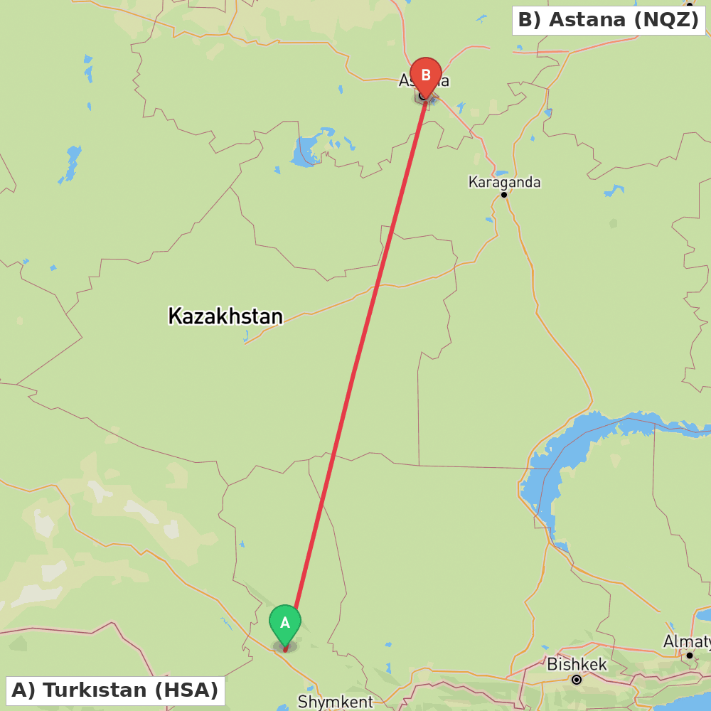 Flight route map from Turkıstan to Astana