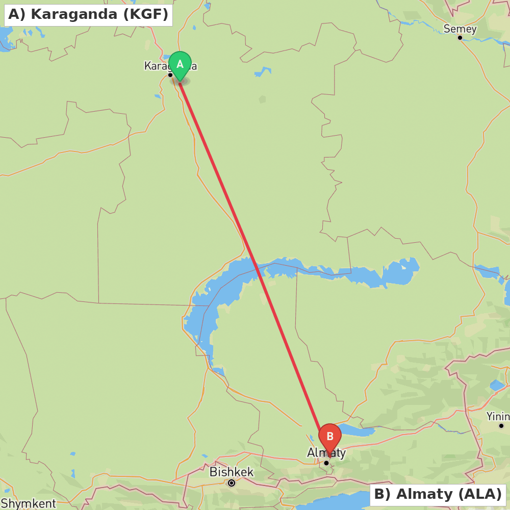 Flight route map from Karaganda to Almaty