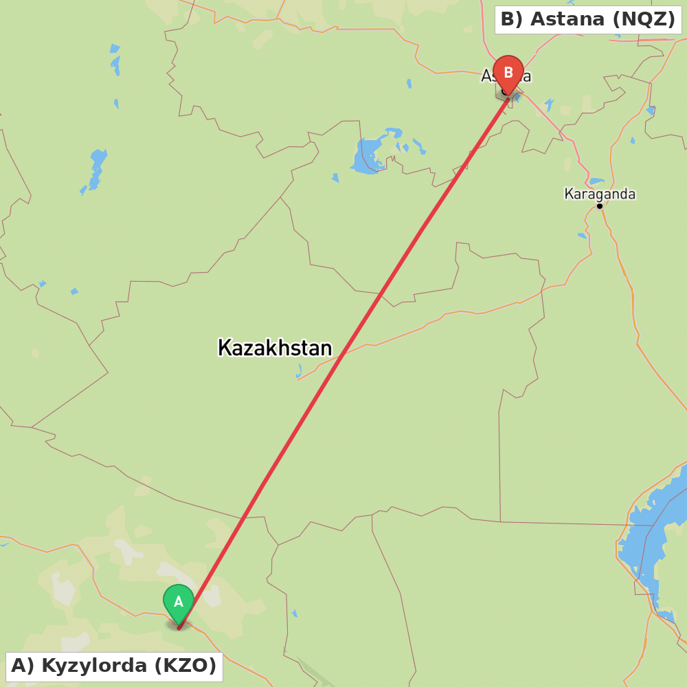 Flight route map from Kyzylorda to Astana
