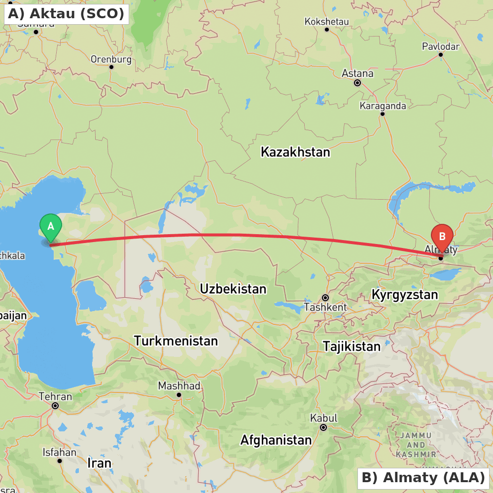 Flight route map from Aktau to Almaty