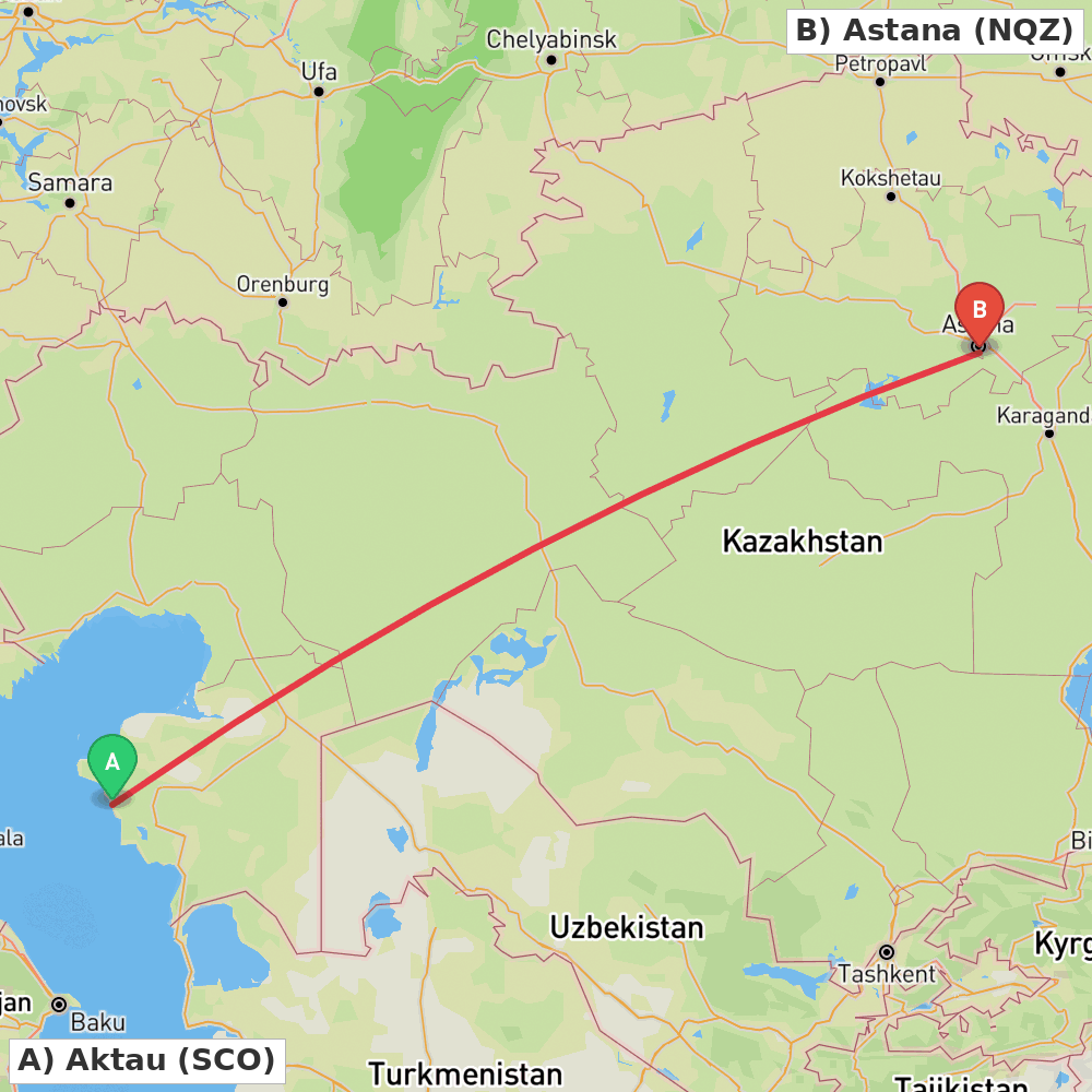 Flight route map from Aktau to Astana