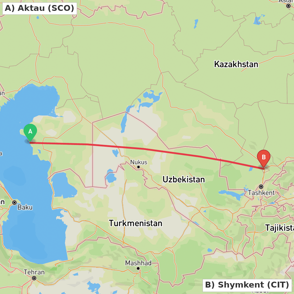 Flight route map from Aktau to Shymkent