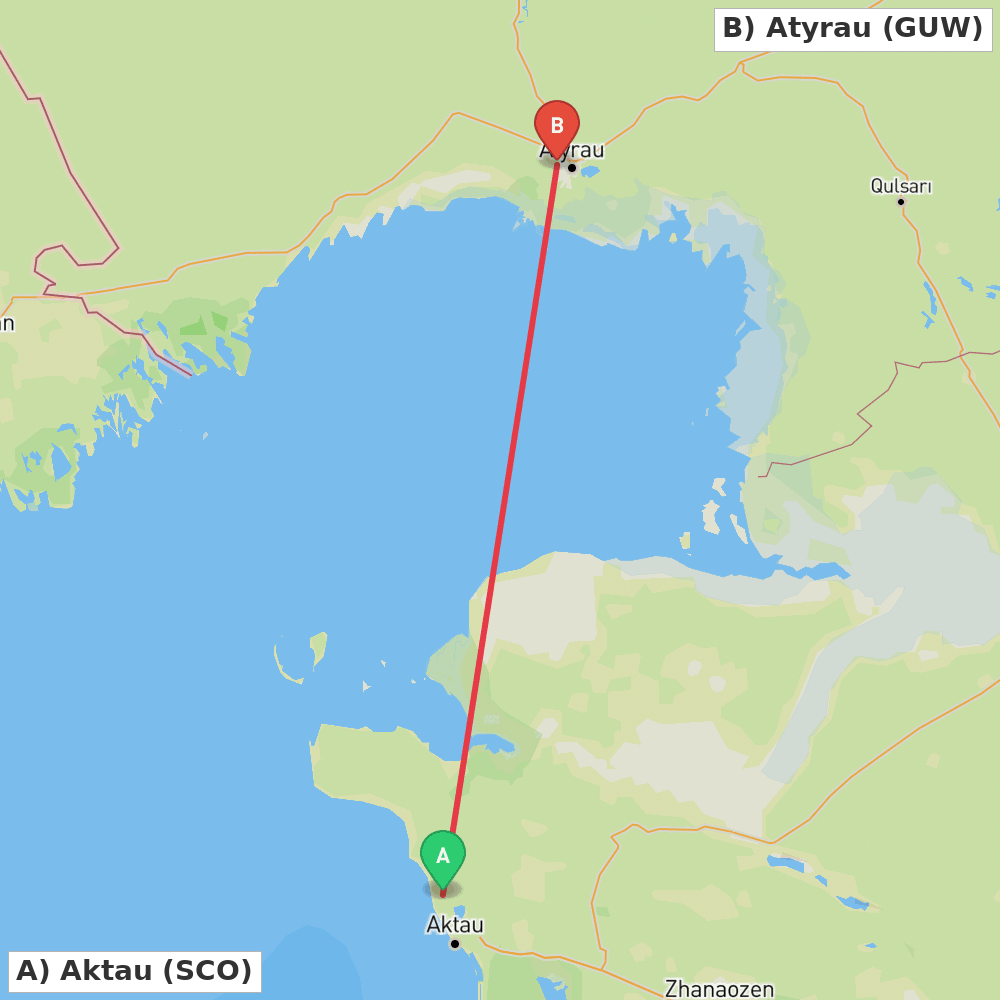 Flight route map from Aktau to Atyrau