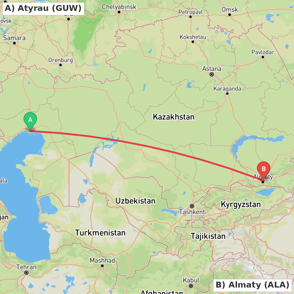 Flight route map from Atyrau to Almaty