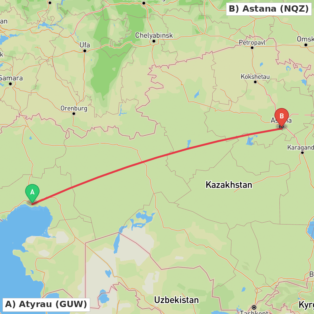 Flight route map from Atyrau to Astana