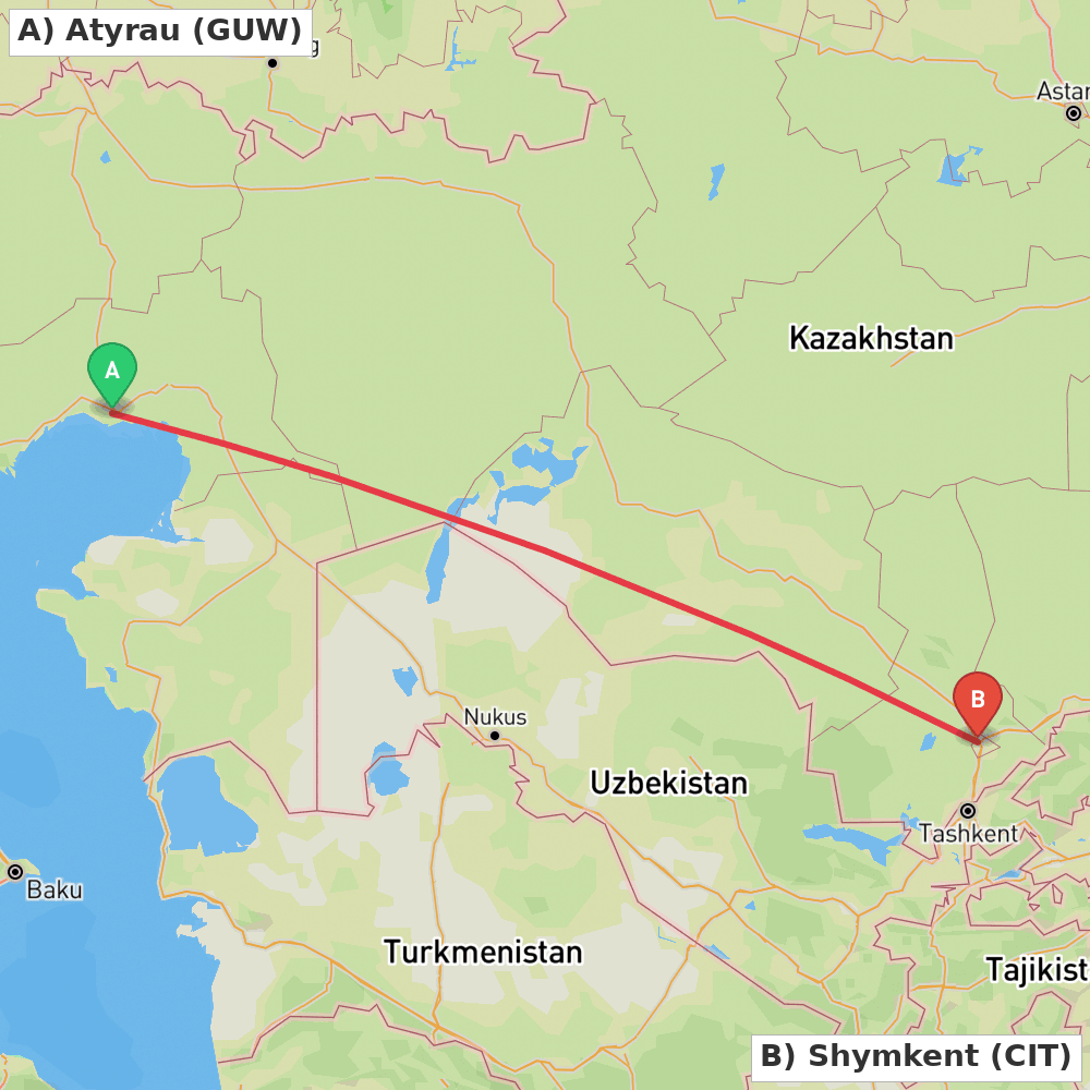 Flight route map from Atyrau to Shymkent