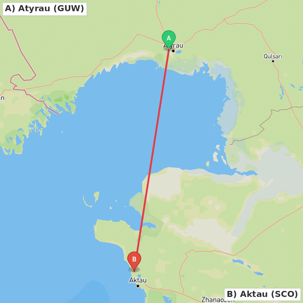 Flight route map from Atyrau to Aktau