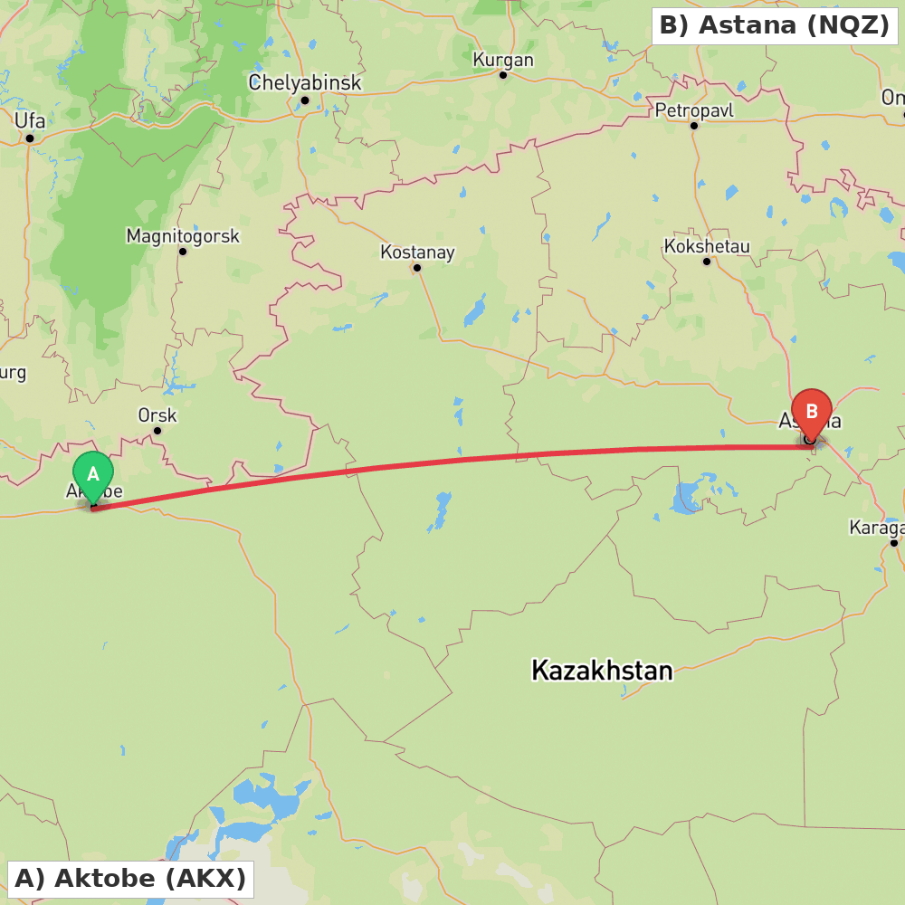 Flight route map from Aktobe to Astana