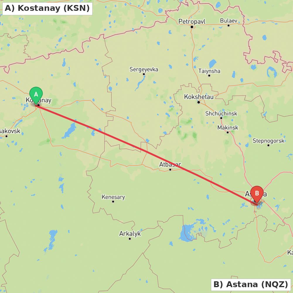 Flight route map from Kostanay to Astana