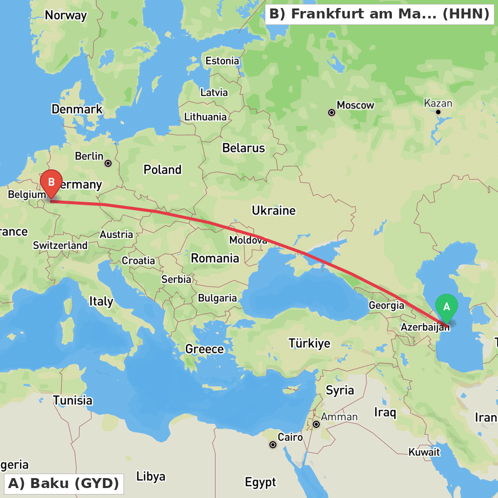 Flight route map from Baku to Frankfurt am Main (Lautzenhausen)