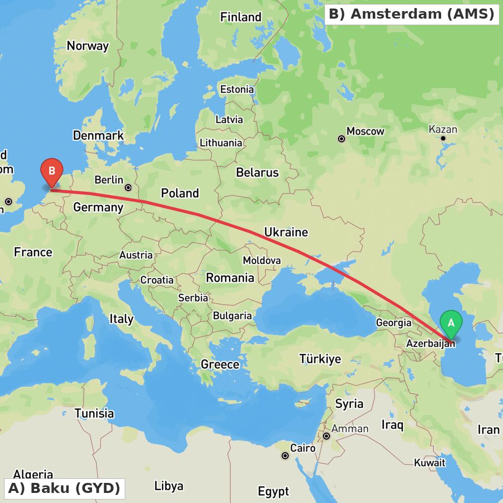 Flight route map from Baku to Amsterdam
