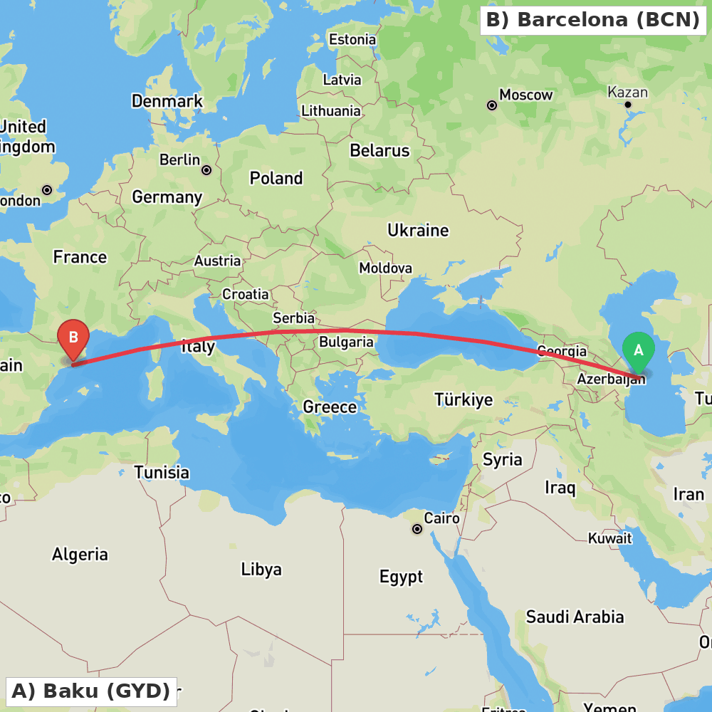 Flight route map from Baku to Barcelona