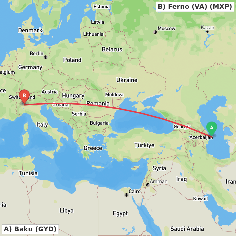 Flight route map from Baku to Ferno (VA)