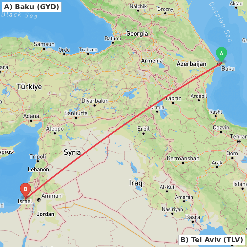 Flight route map from Baku to Tel Aviv