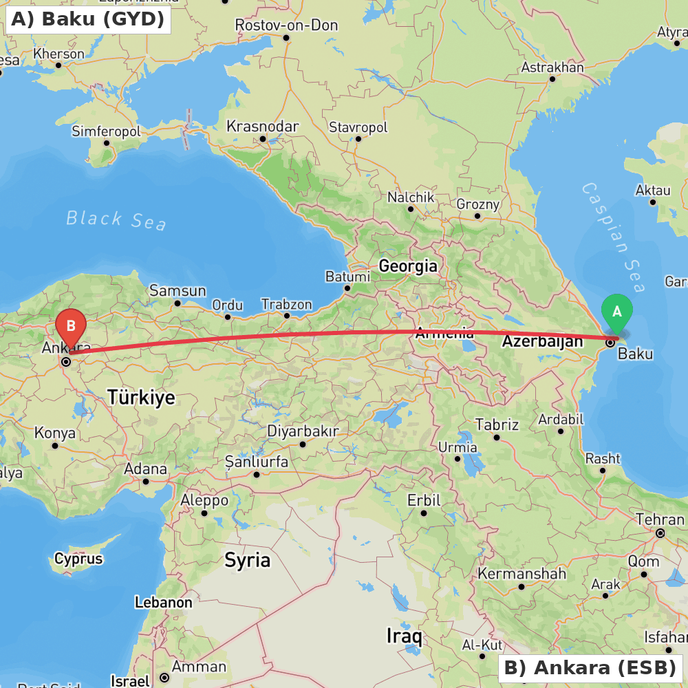 Flight route map from Baku to Ankara
