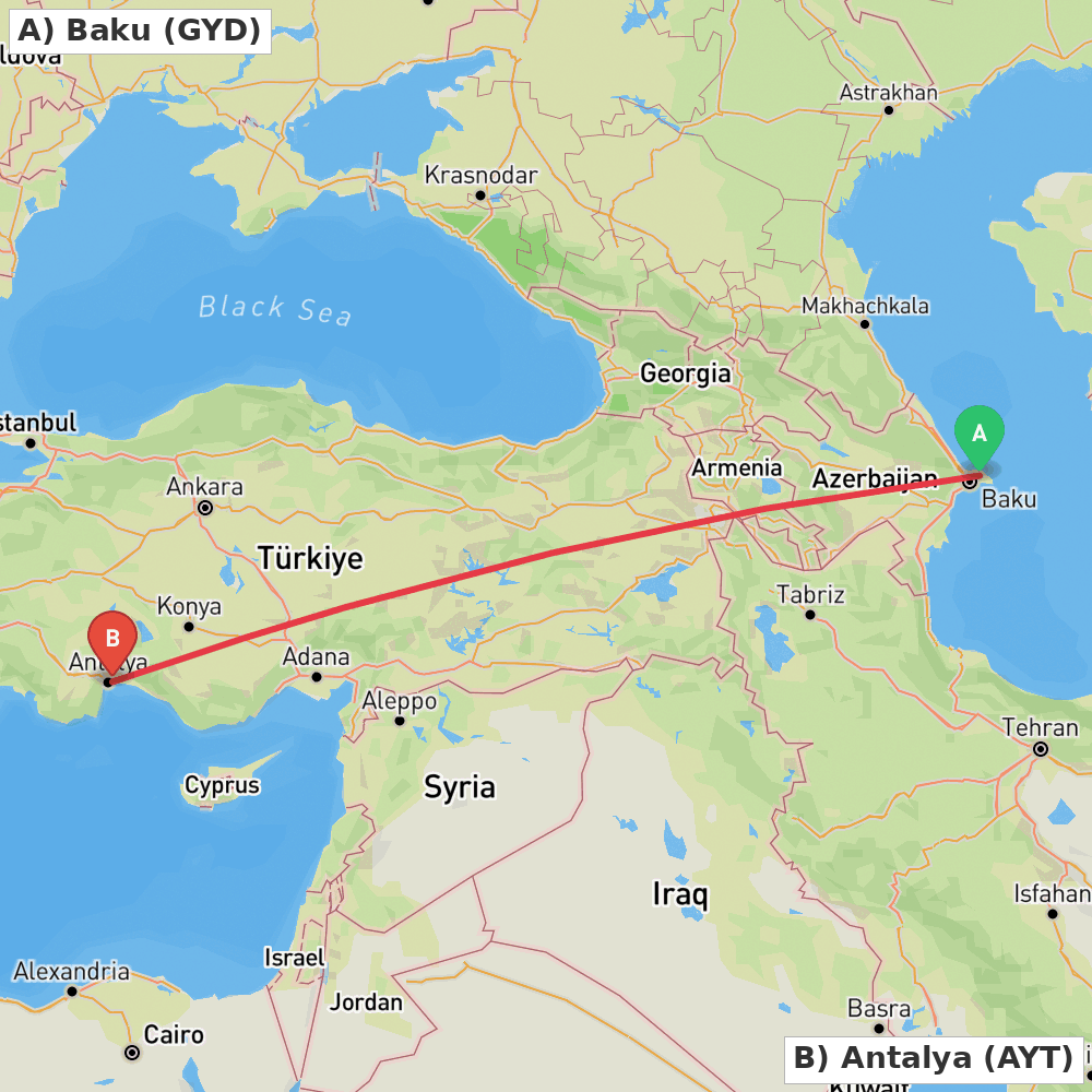 Flight route map from Baku to Antalya