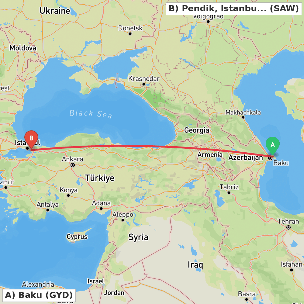 Flight route map from Baku to Pendik, Istanbul