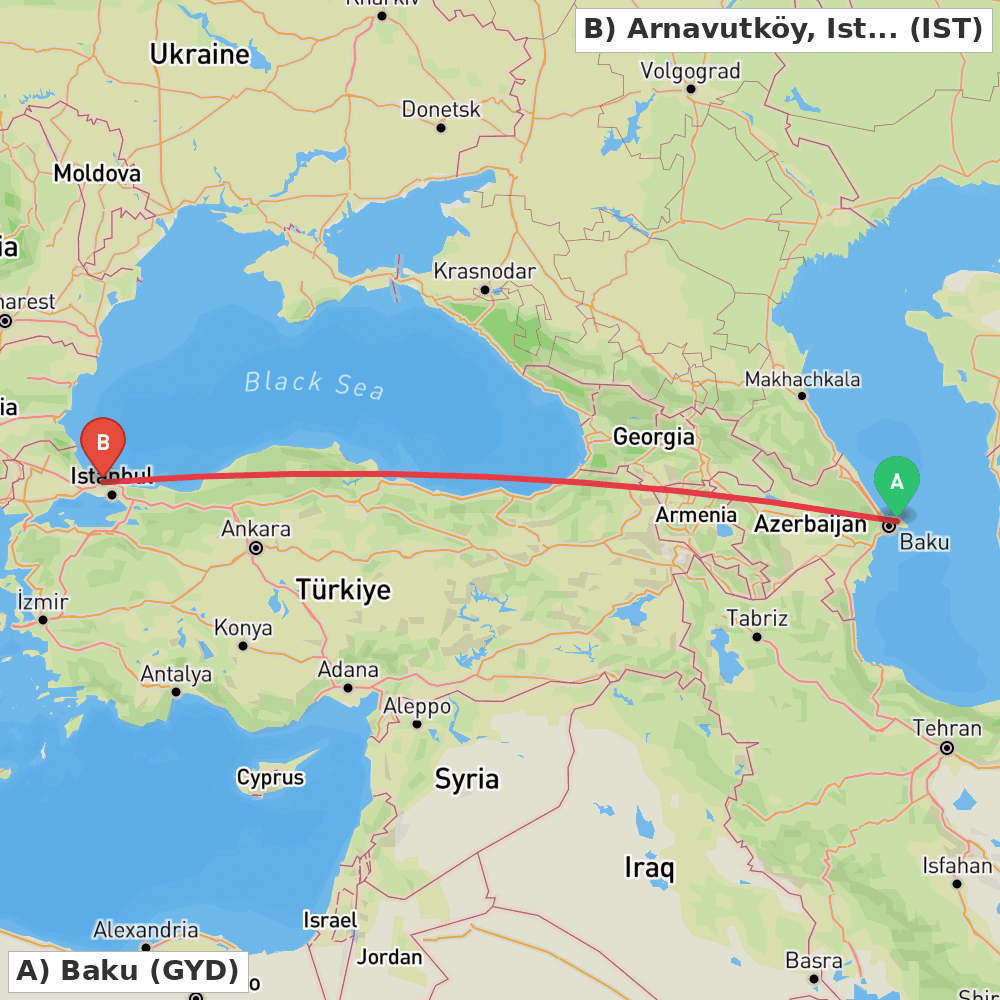 Flight route map from Baku to Arnavutköy, Istanbul