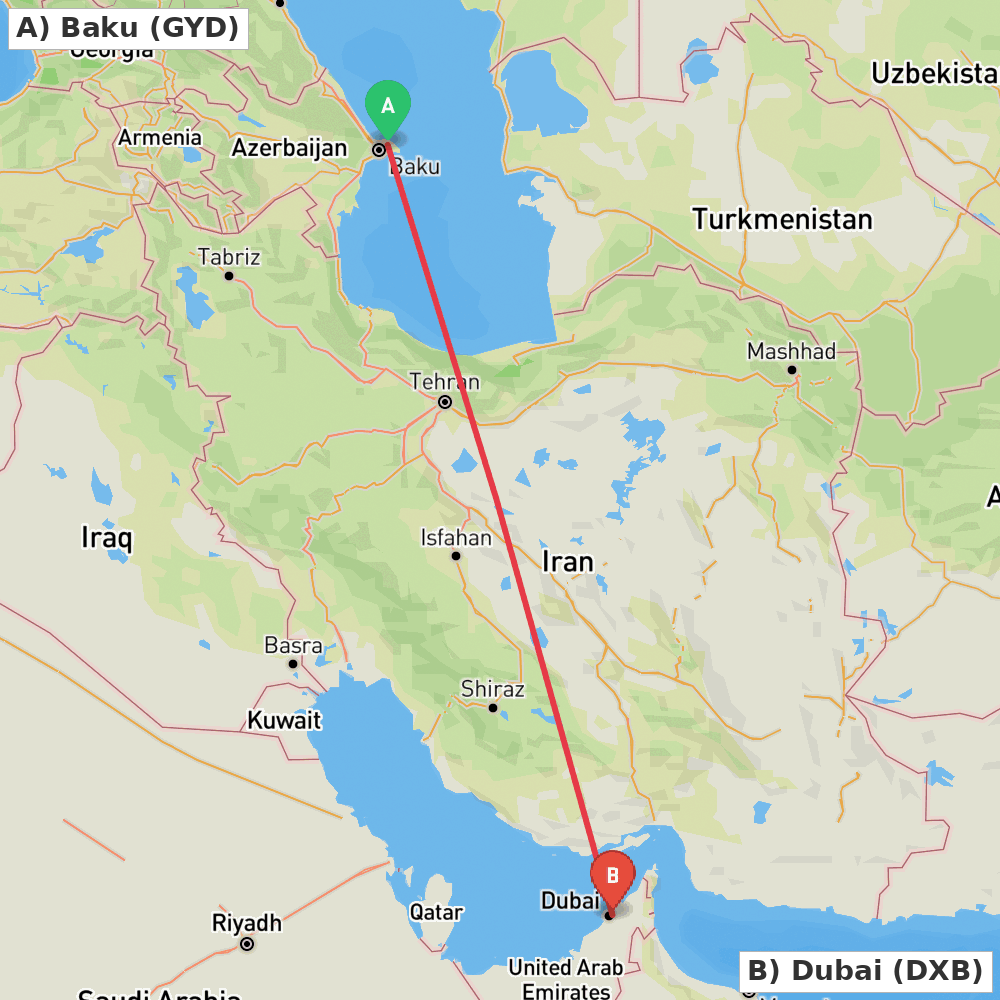 Flight route map from Baku to Dubai
