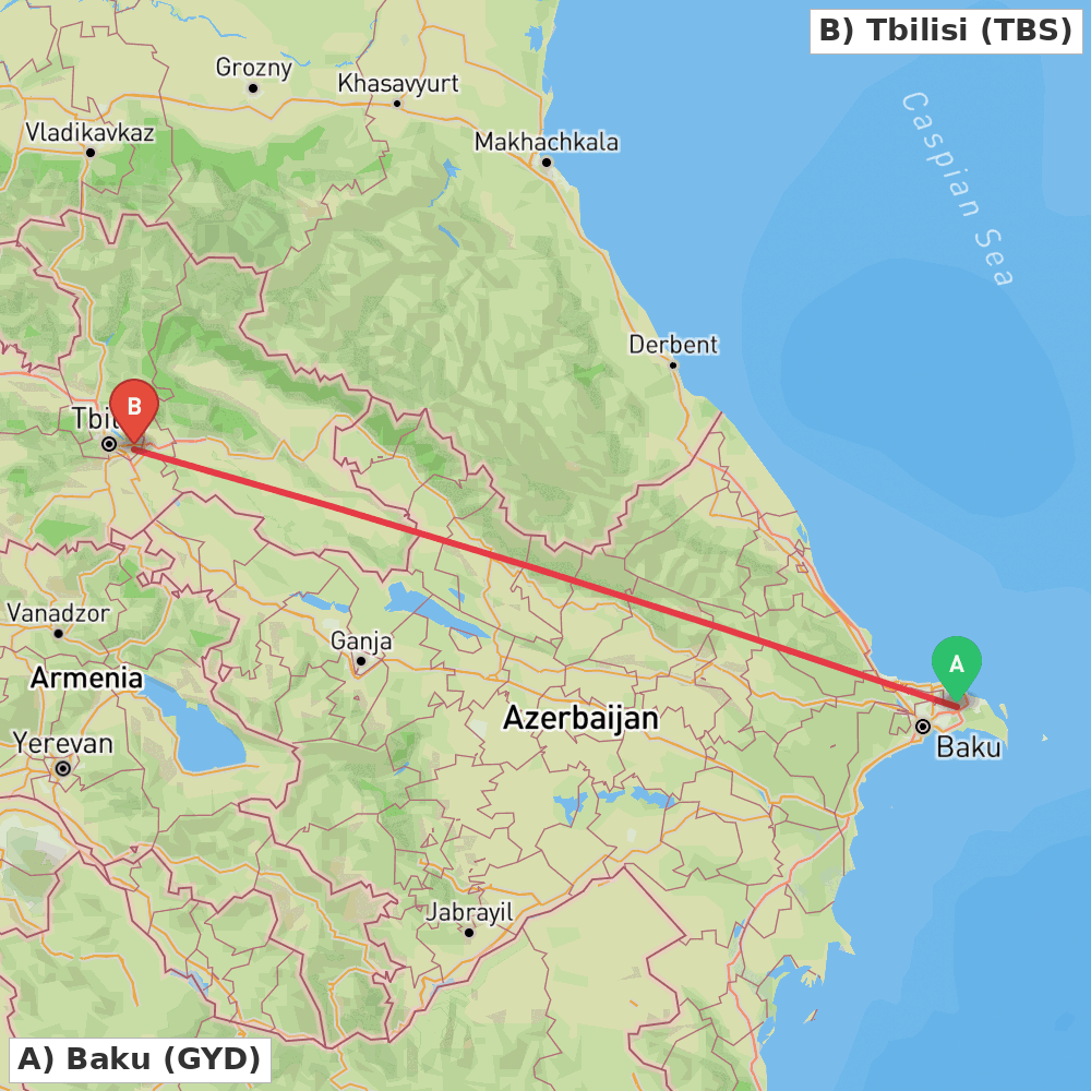 Flight route map from Baku to Tbilisi