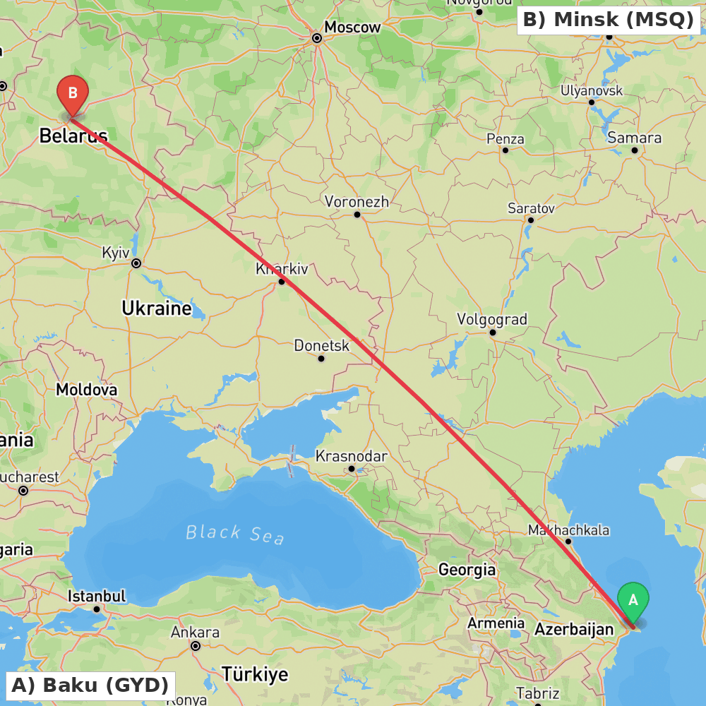 Flight route map from Baku to Minsk