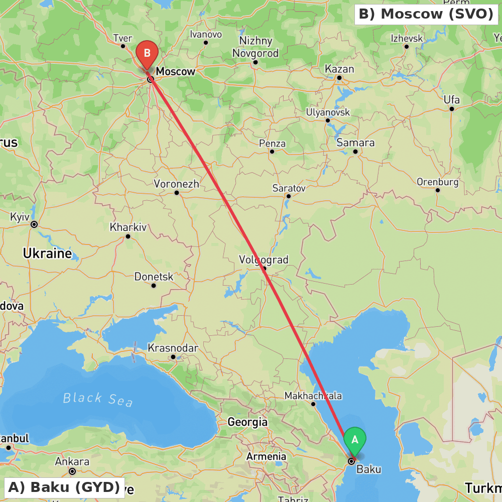Flight route map from Baku to Moscow