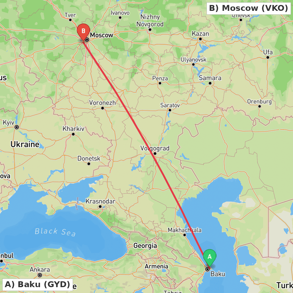 Flight route map from Baku to Moscow