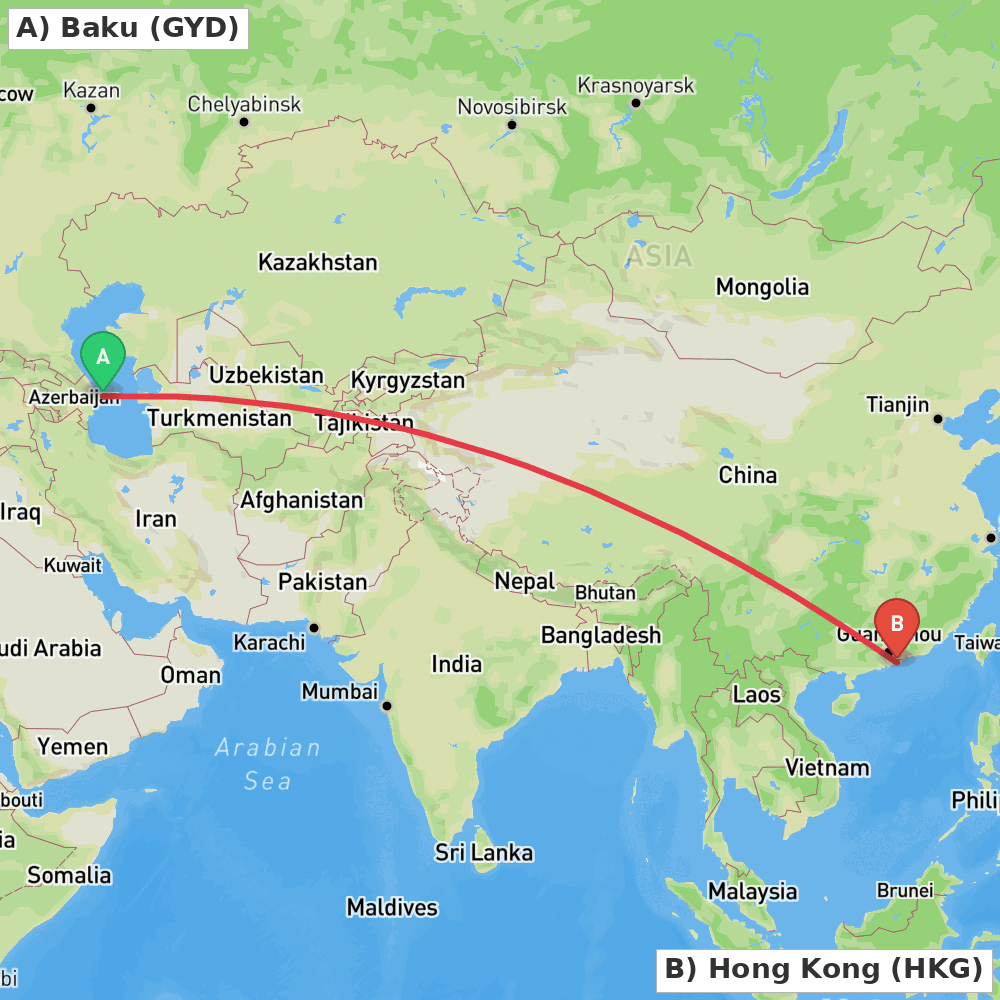 Flight route map from Baku to Hong Kong