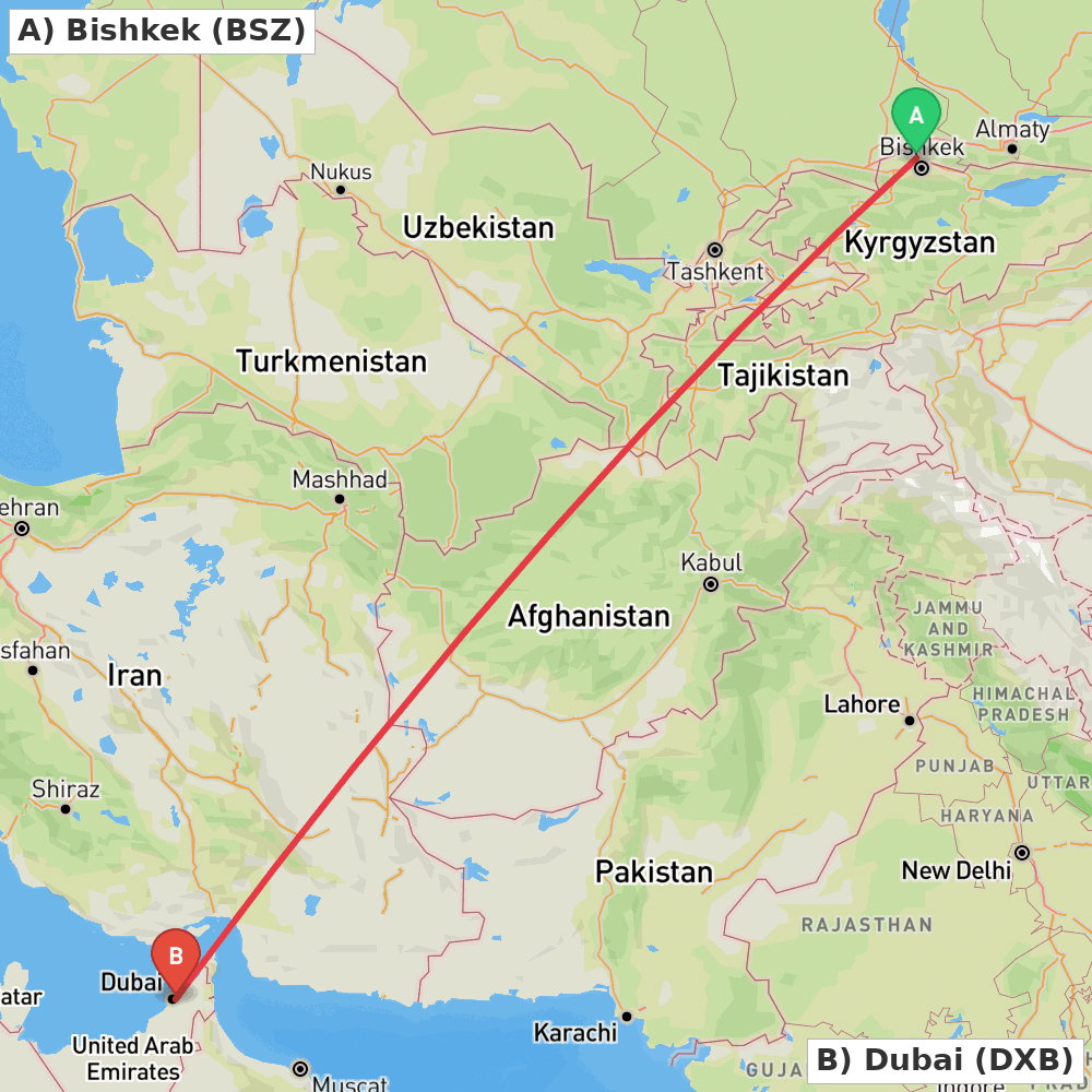 Flight route map from Bishkek to Dubai