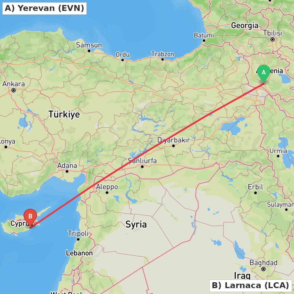 Flight route map from Yerevan to Larnaca