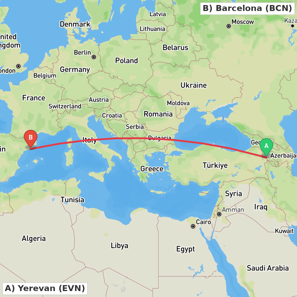 Flight route map from Yerevan to Barcelona