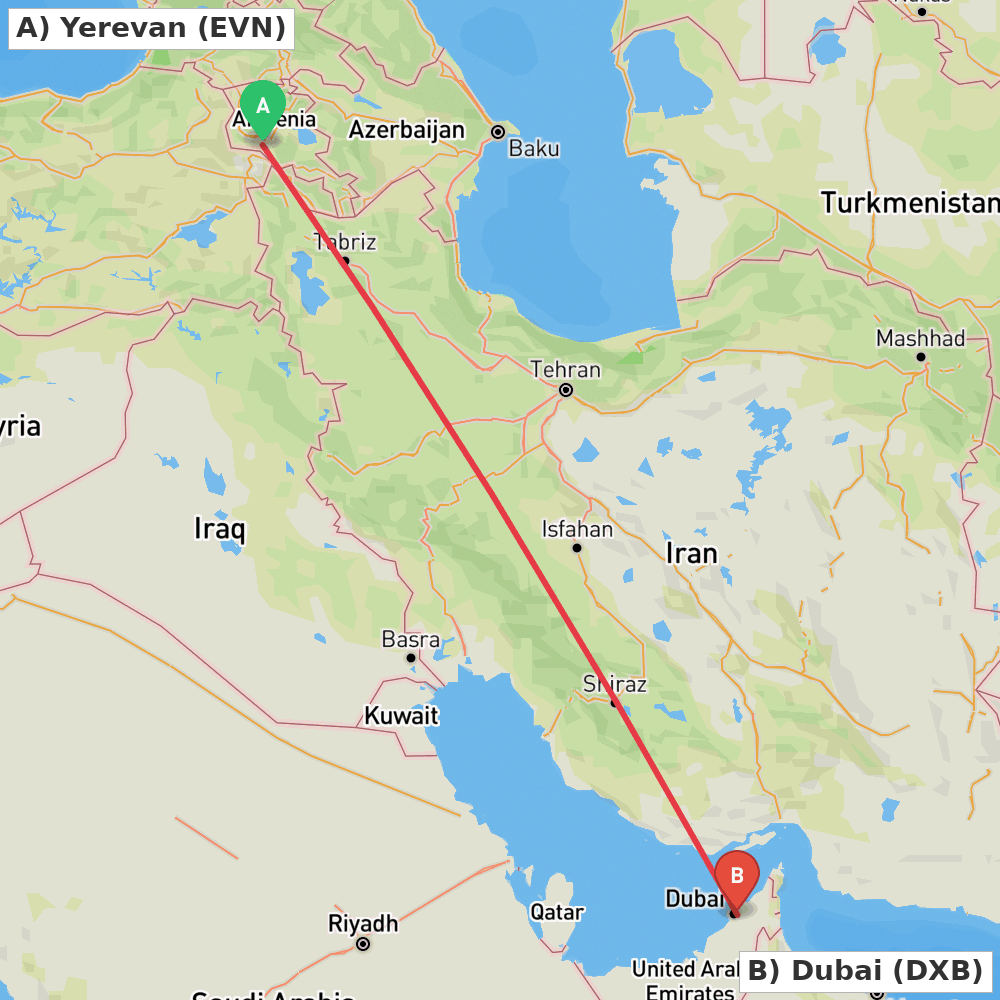 Flight route map from Yerevan to Dubai