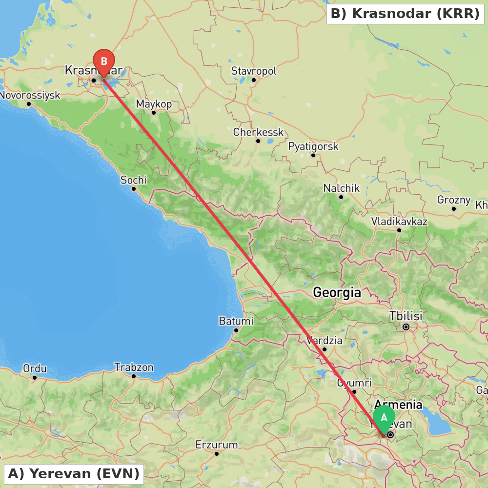 Flight route map from Yerevan to Krasnodar