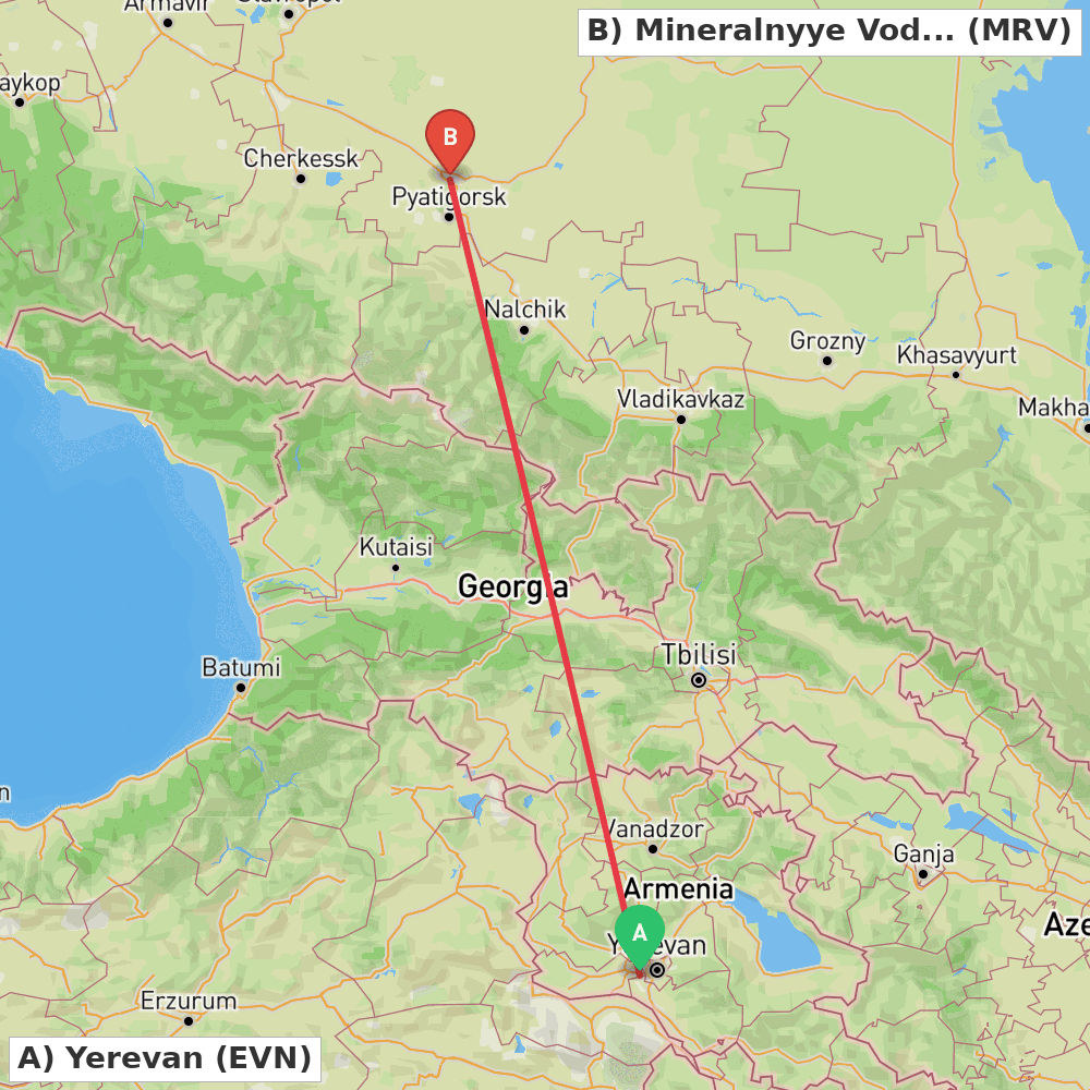 Flight route map from Yerevan to Mineralnyye Vody