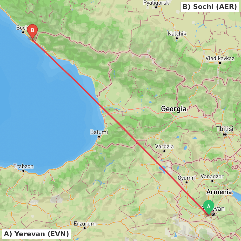 Flight route map from Yerevan to Sochi