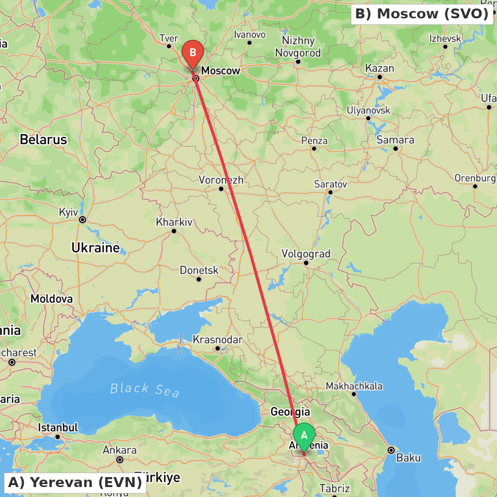 Flight route map from Yerevan to Moscow