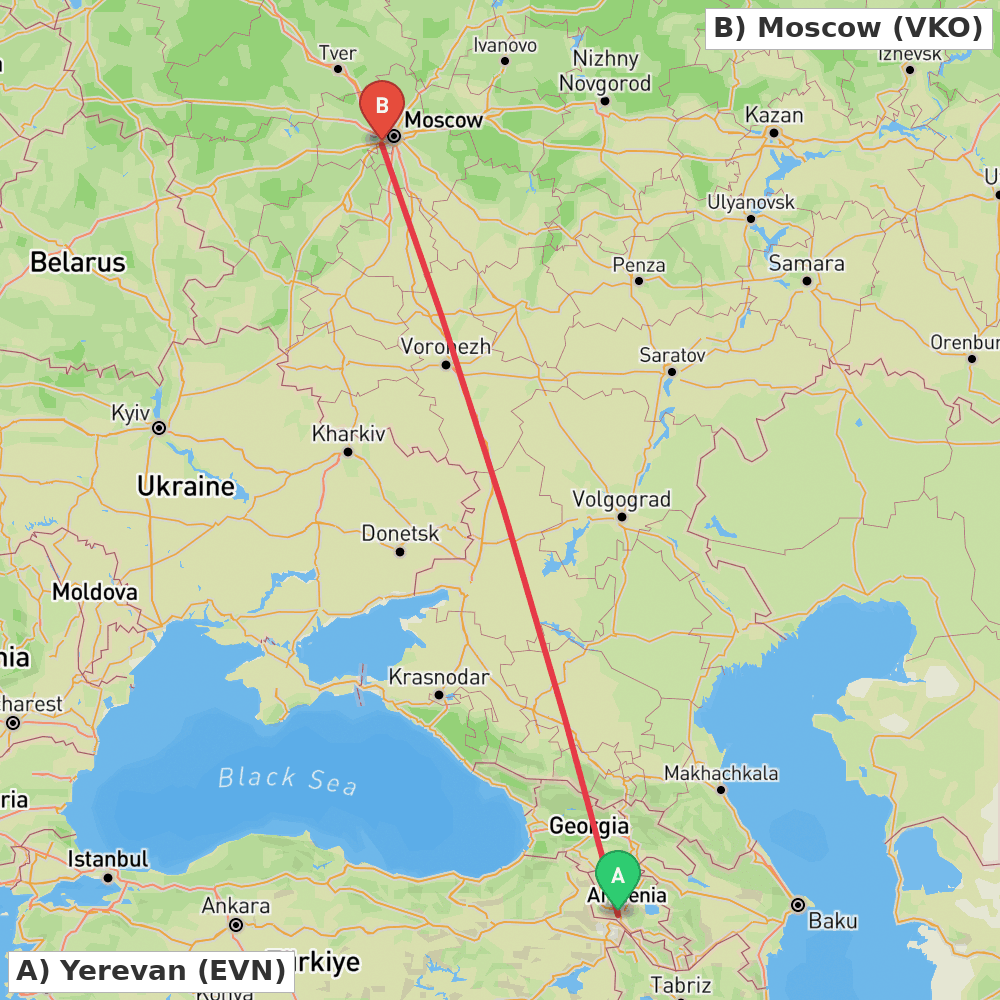 Flight route map from Yerevan to Moscow