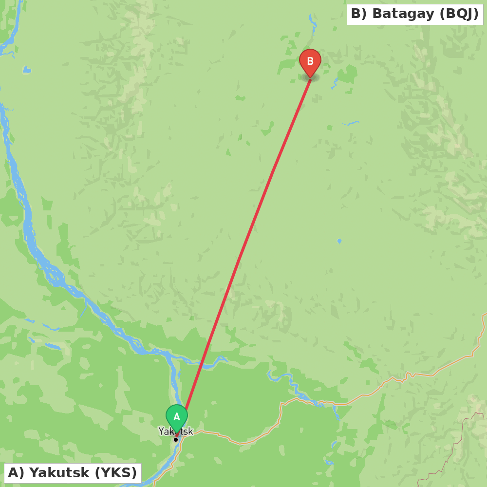 Flight route map from Yakutsk to Batagay