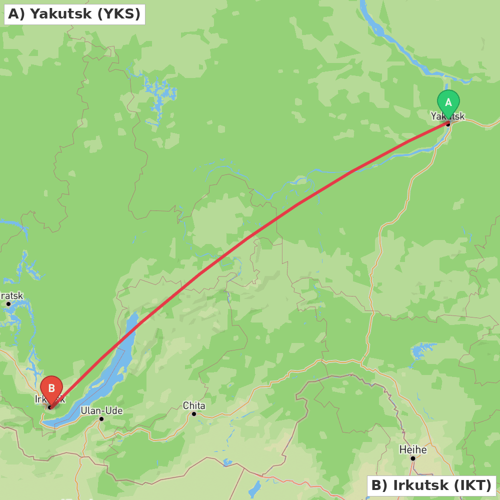Flight route map from Yakutsk to Irkutsk