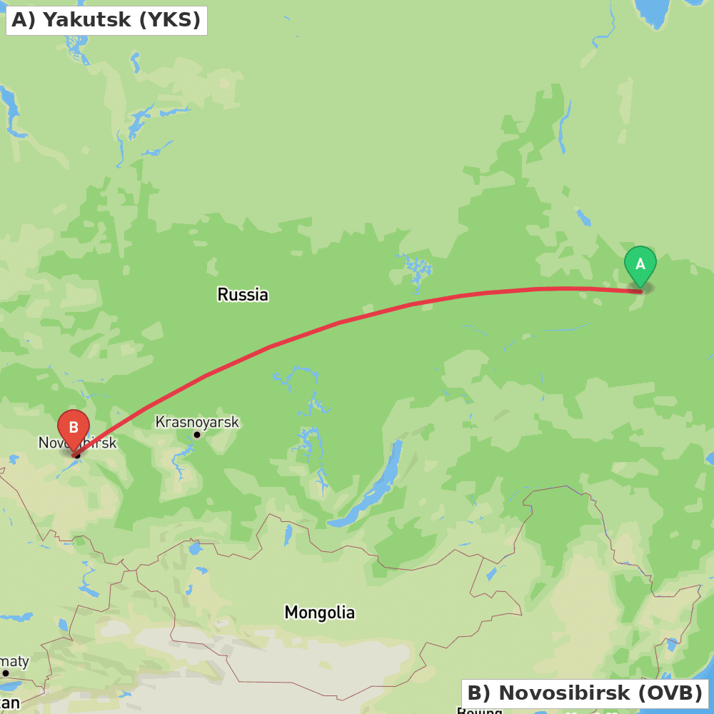 Flight route map from Yakutsk to Novosibirsk