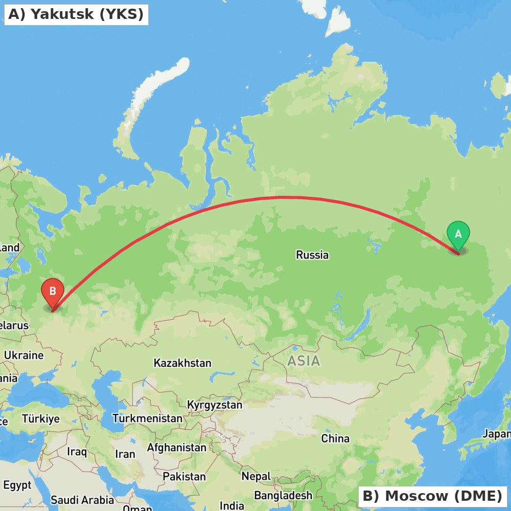 Flight route map from Yakutsk to Moscow