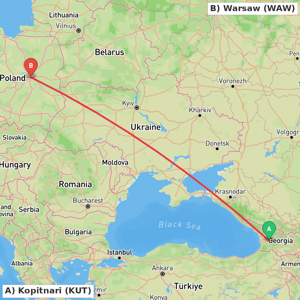 Flight route map from Kopitnari to Warsaw